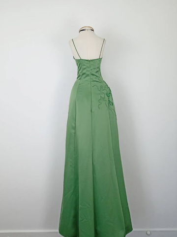 Retro A Line Spaghetti Strap Green Beaded Satin Long Evening Dress Party Dress HZ1023